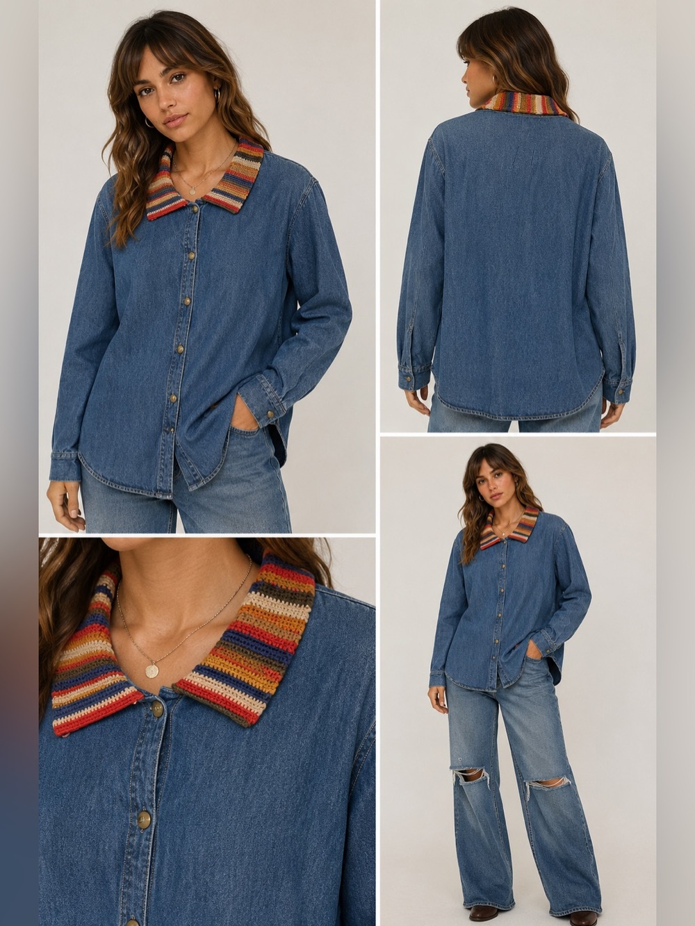 1980s HIPSTER Denim Jean Jacket Blouse Colorful Embroidered Collar Denim Size 18 - Picture 1 of 6